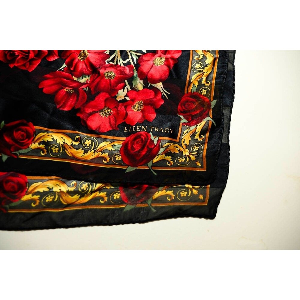 Ellen Tracy Silk Scarf Red Roses Black gold 32"x32" - Picture 3 of 3